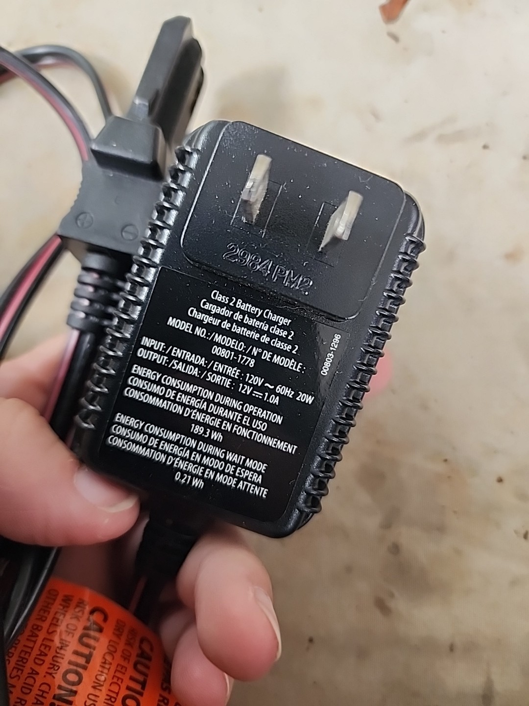 Fisher-Price Power Wheels 00803-1295 Class 2 Battery Charger Cord