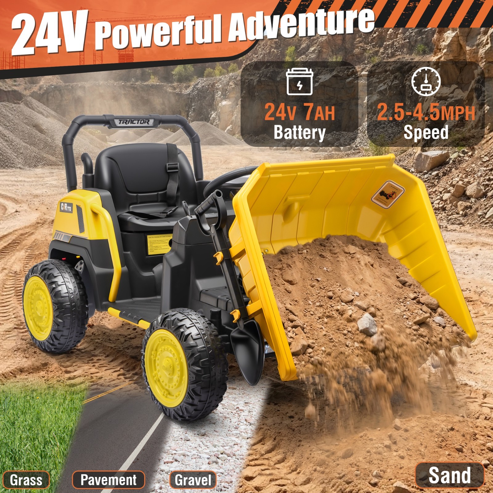 24V Kids Ride On Dump Truck, Remote Control, Metal Frame, Dump Bed & Shovel