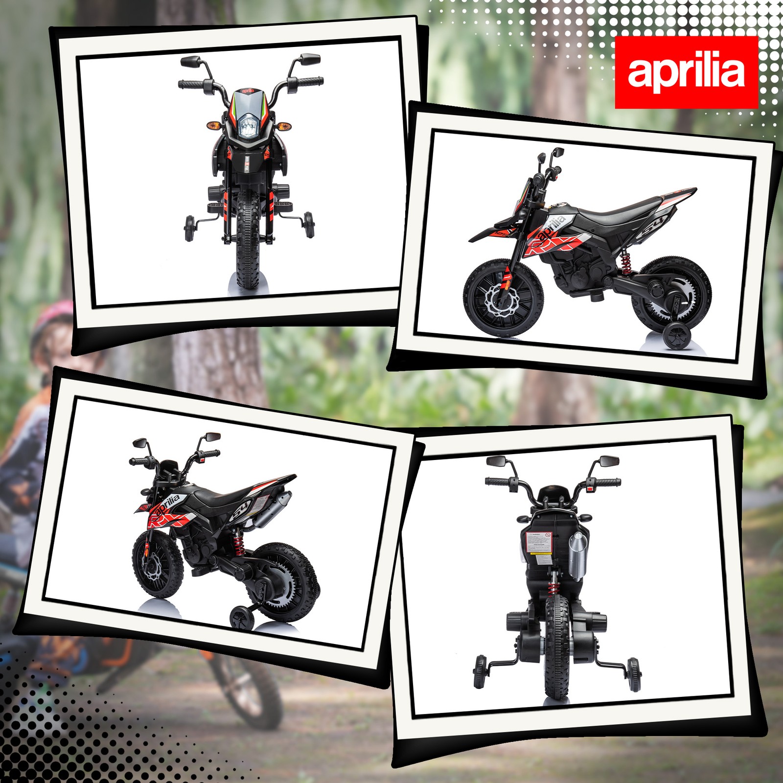 12V Aprilia Licenced Kids Motorcycle with Training Wheels, Red
