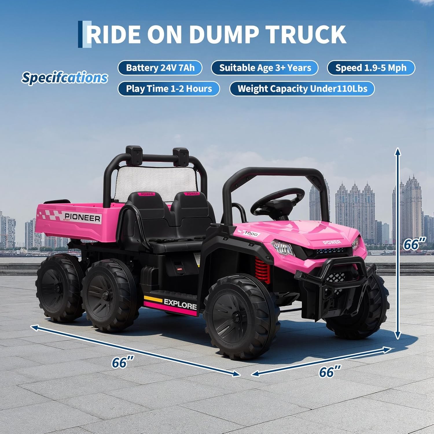 24V 4WD Kids Ride-on Dump Truck Remote Control 2-Seater with Dump Bed 3 Speed