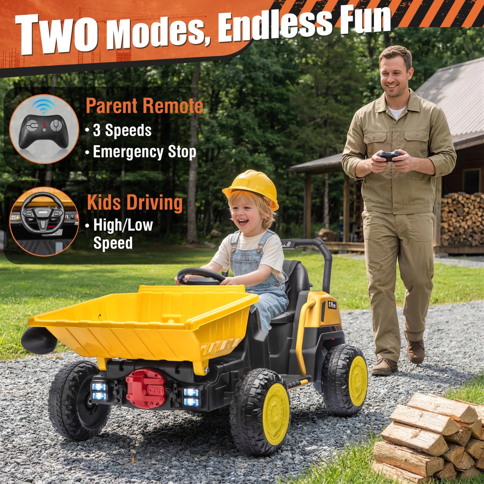 24V Kids Ride On Dump Truck, Remote Control, Metal Frame, Dump Bed & Shovel