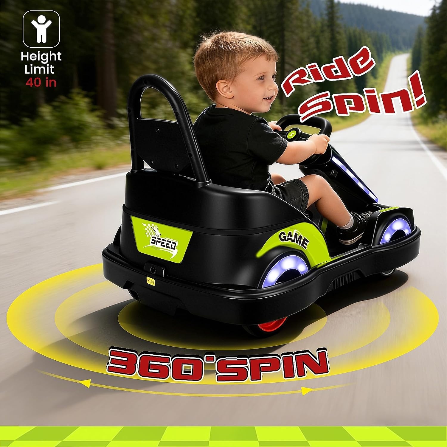 NEW! 12V Kids Electric Ride On Bumper Car Remote 360 Spin LED Music Green/Black