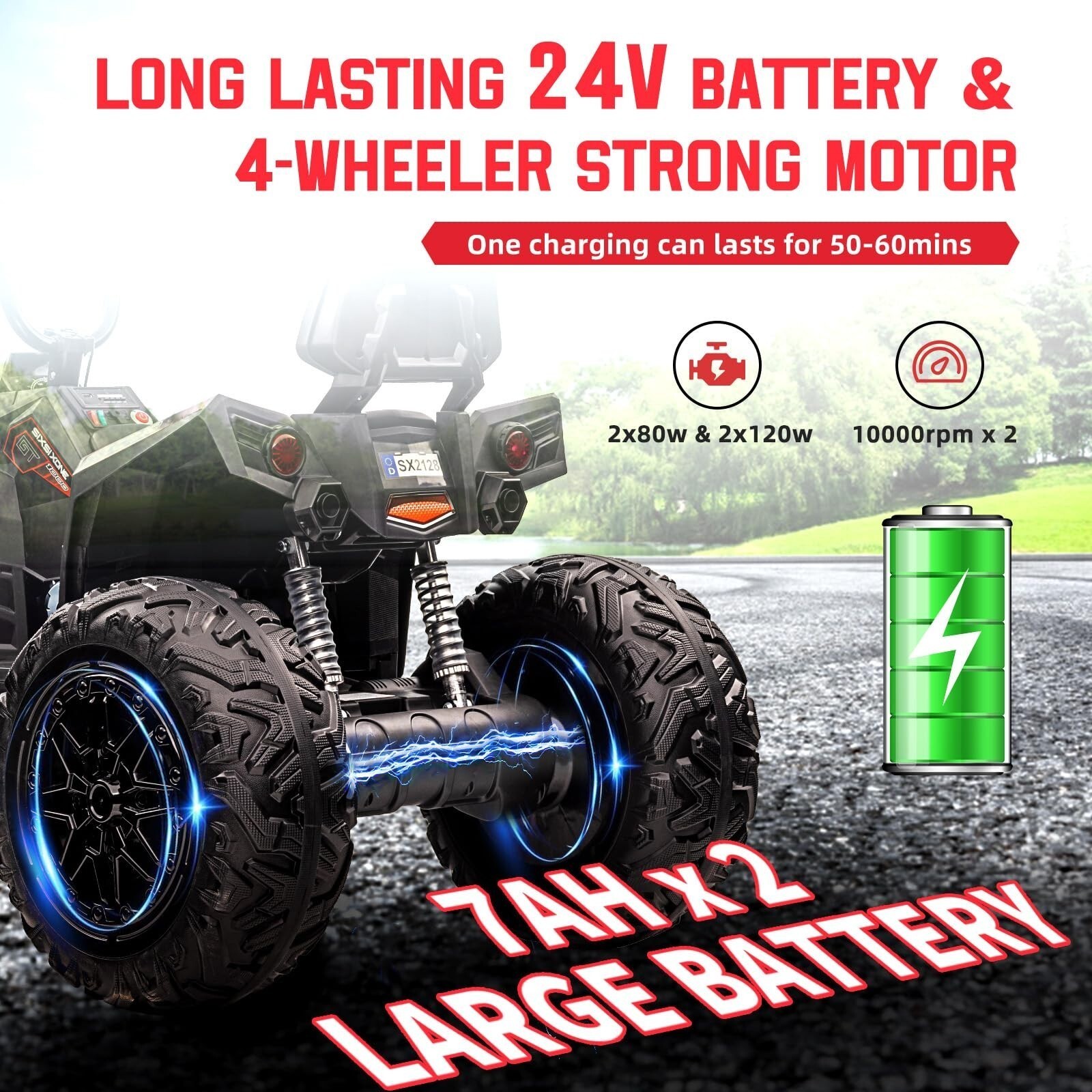 24V Kids ATV 4 Wheeler Quad Car Off-road Ride on Toy 5 mph Max-speed w/ LED Ligh
