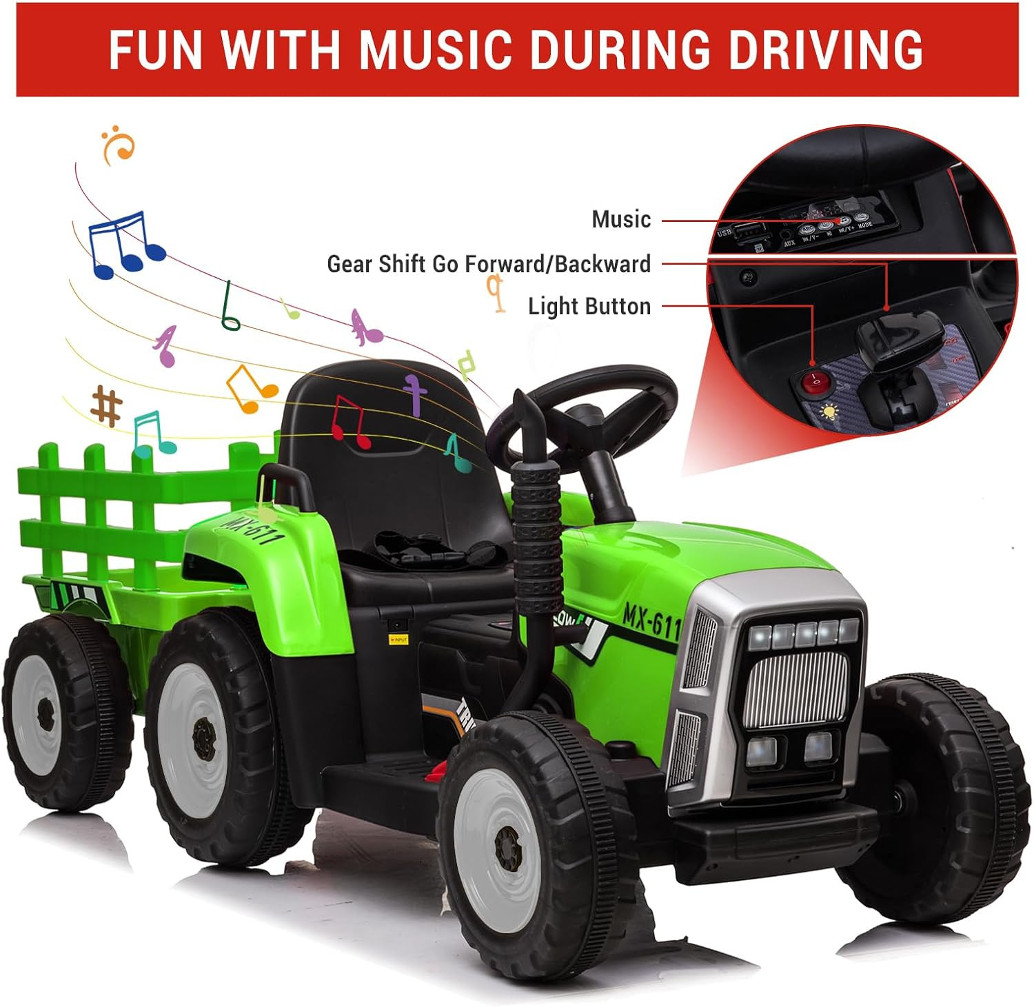 12V Kids Ride on Tractor with Trailer & Remote Control, Electric Tractor for Tod