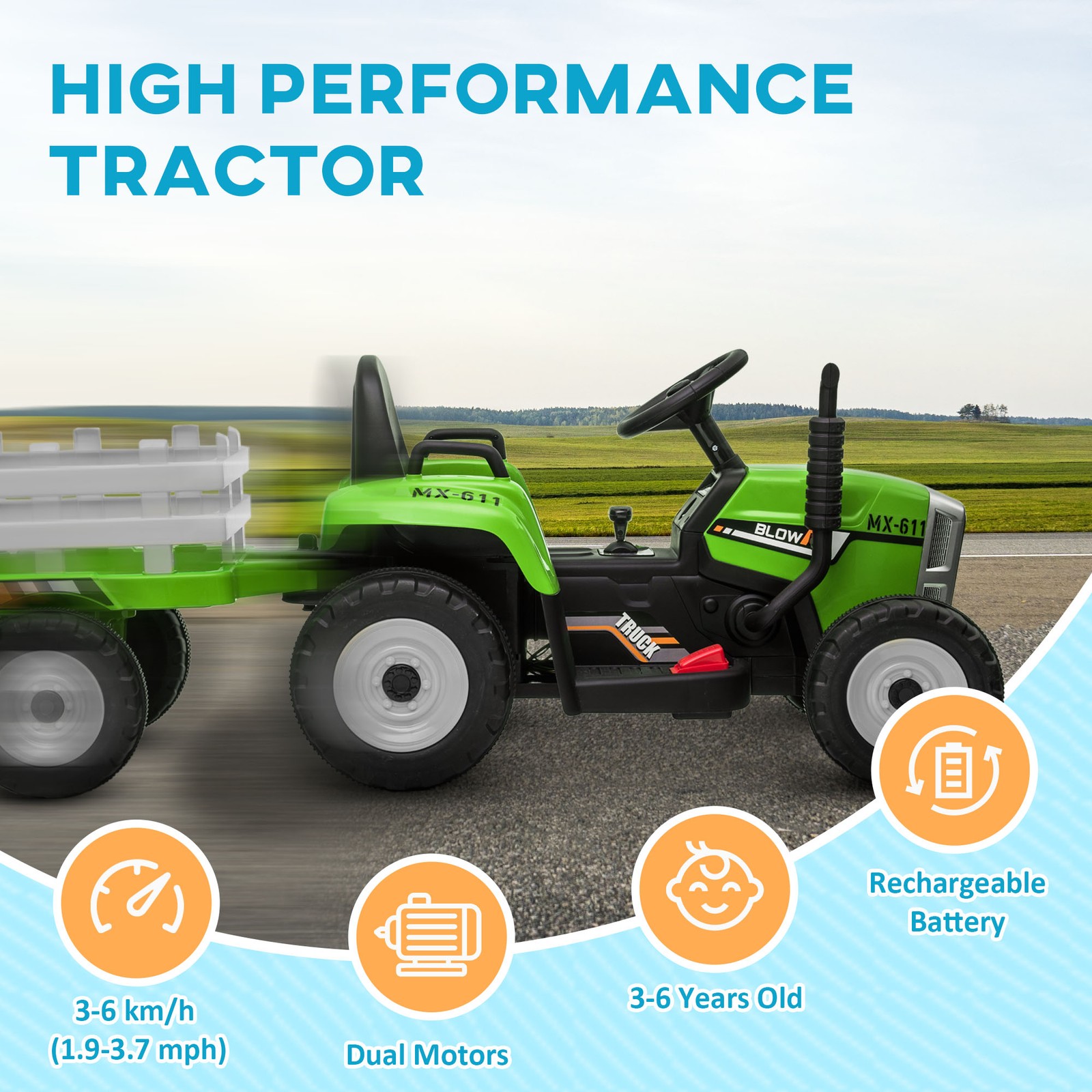 12V Electric Ride on Tractor with Trailer, 25W Dual Motors, Green
