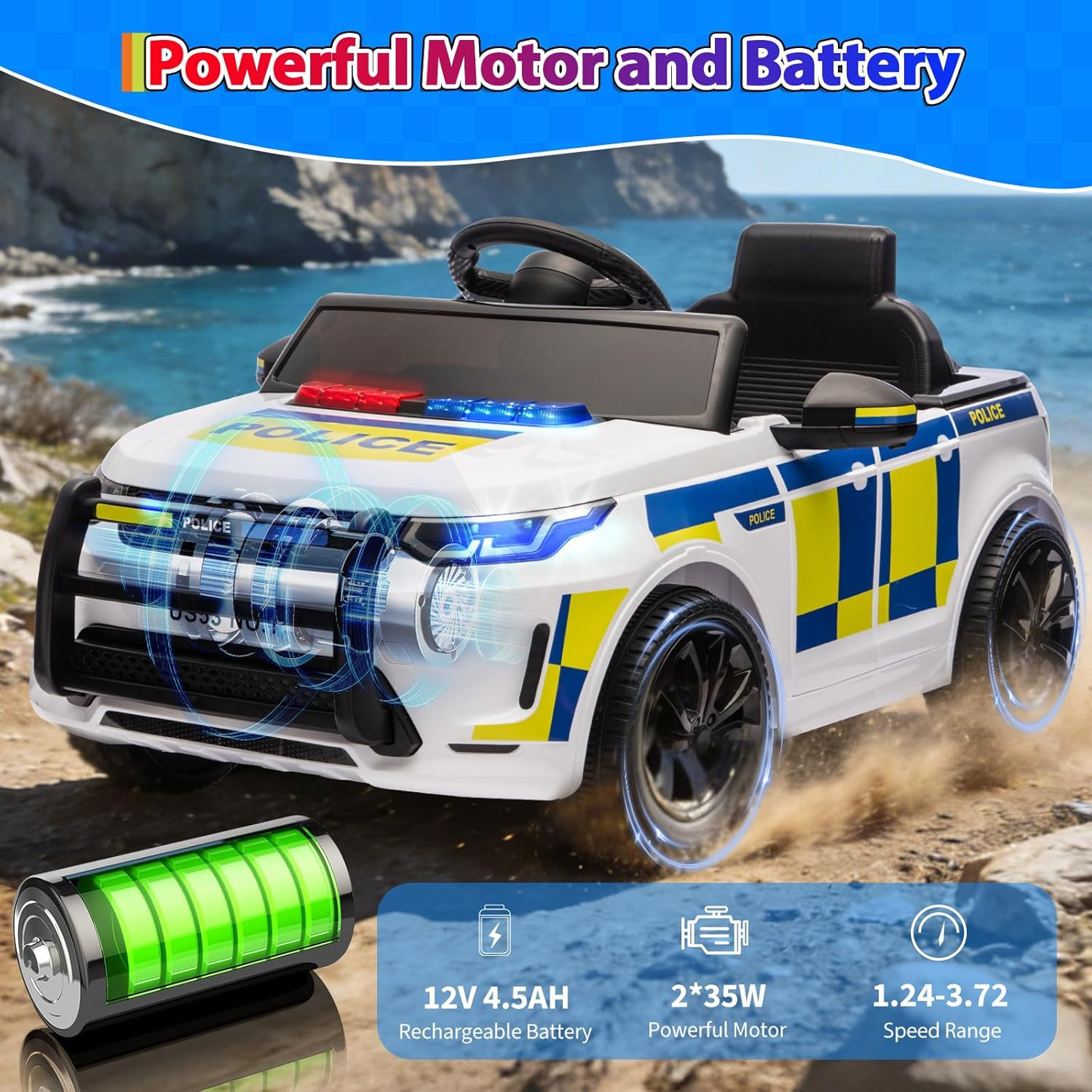 Electric Cars for Kids, 12V Police Car Ride on Toy W/Remote Control, Speaker, Wa