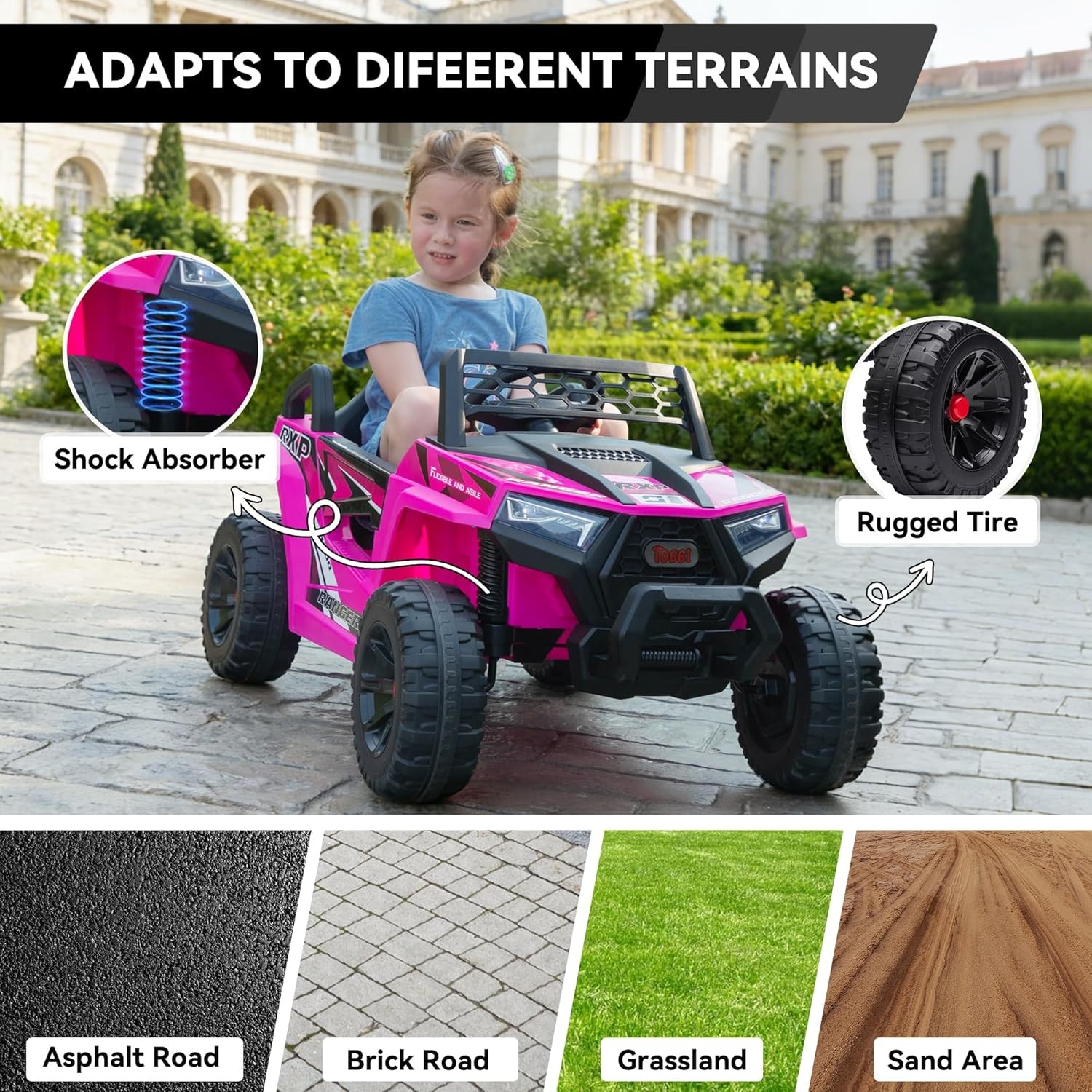 TOBBI 12V Kids Electric Ride on Car 2WD Off-Road UTV Truck w/ Music, Rose Red