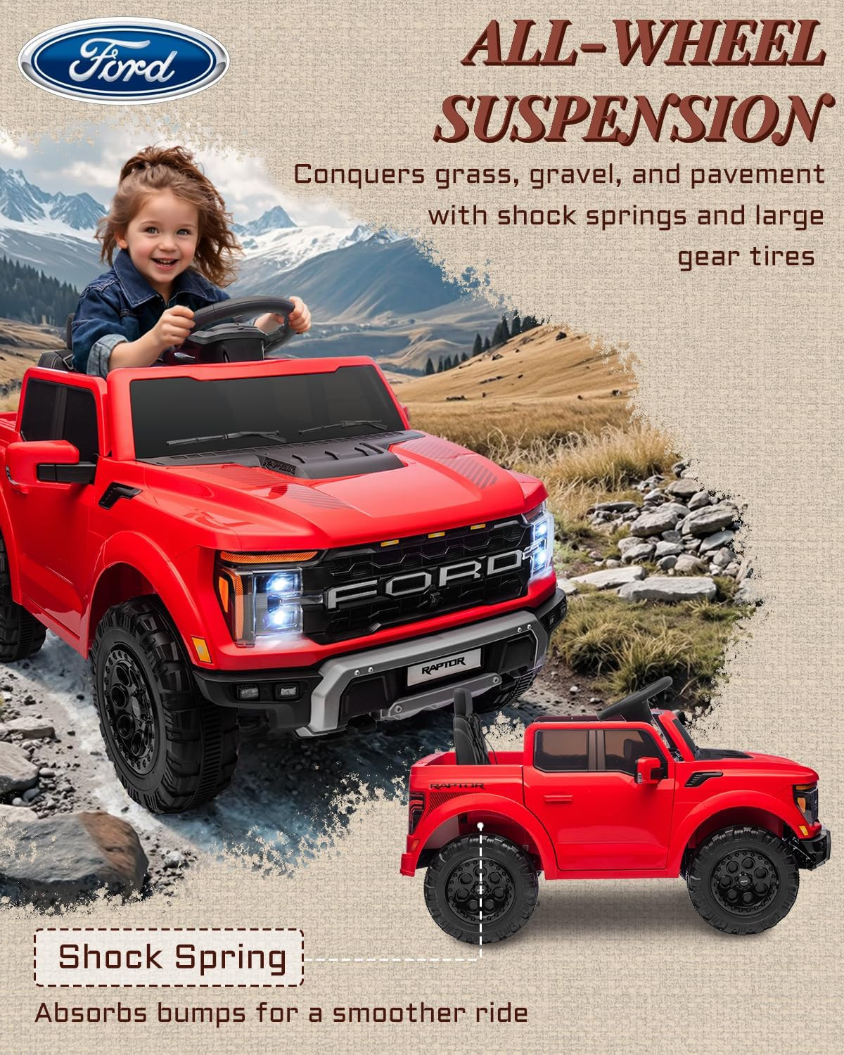 Licensed Ford F-150 Raptor 12 Volt Kids Ride on Car, Ride on Toys for Kids with