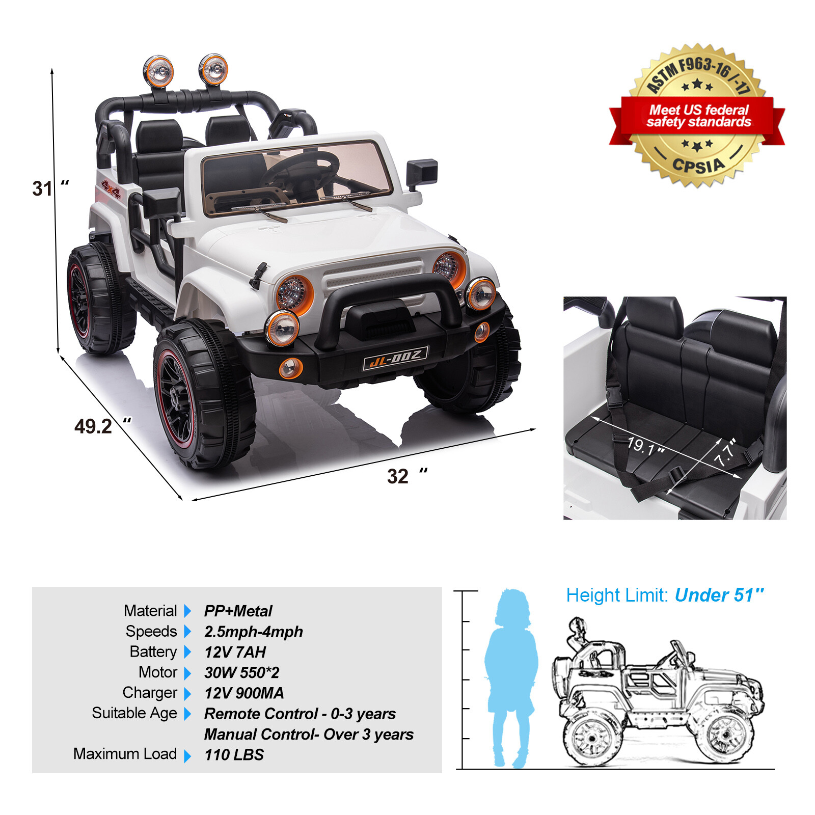 White Two Seater 12V Battery Kids Ride On Car Truck with 3 Speeds,LED,MP3,Remote