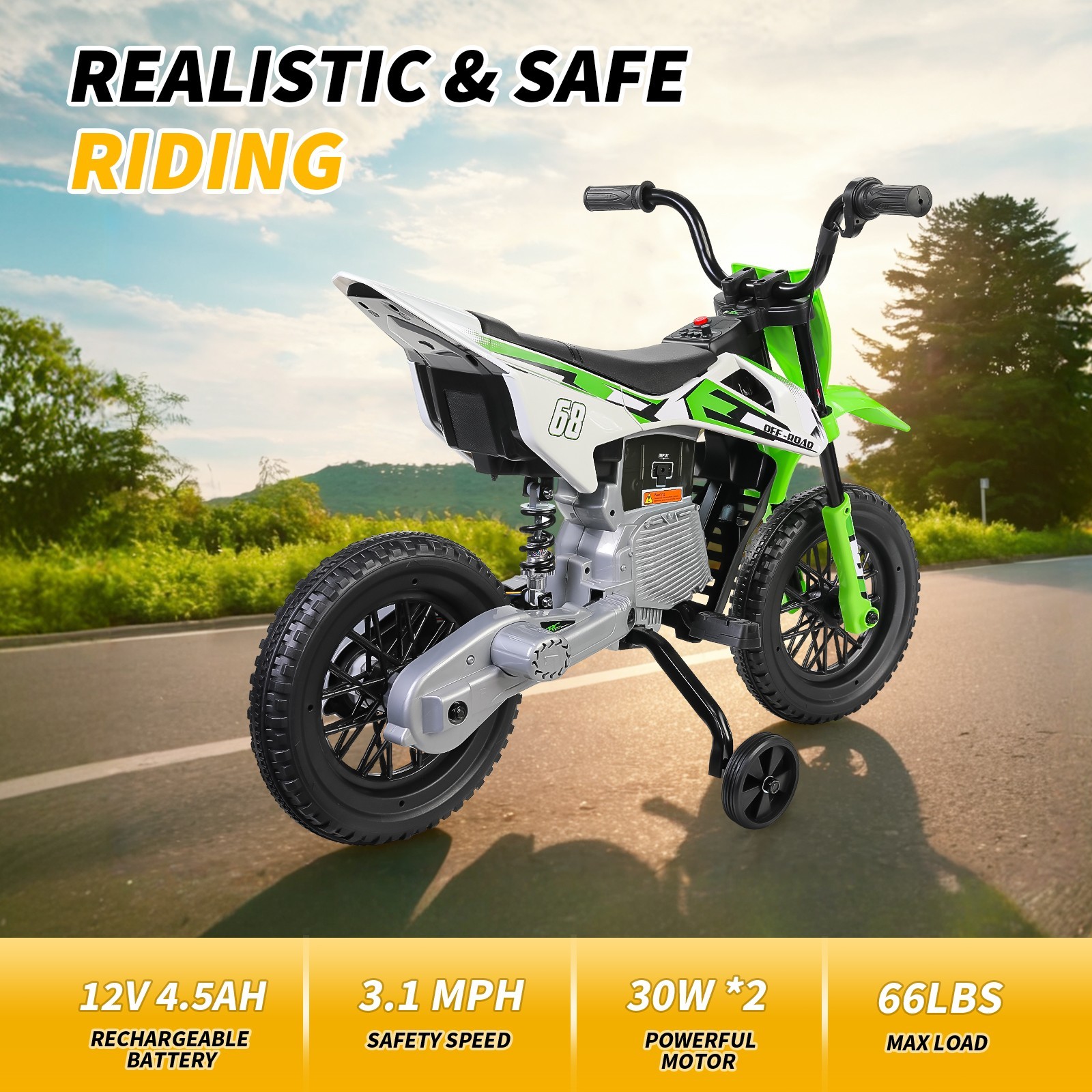 Electric Dirt Bike w/2 Training Wheels, Kids Ride on Motorcycle Holiday Gifts