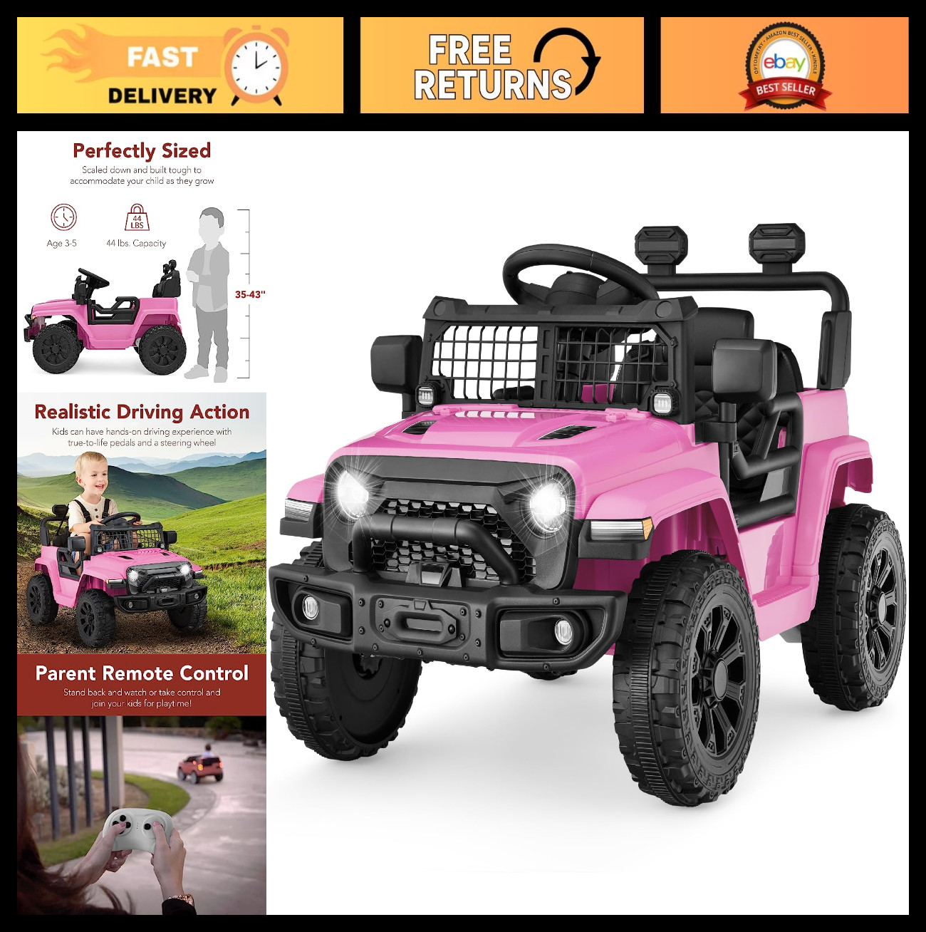 Electric Kids Ride-On Toy Truck with Remote Control, 4-Wheel Suspension, LED Lig