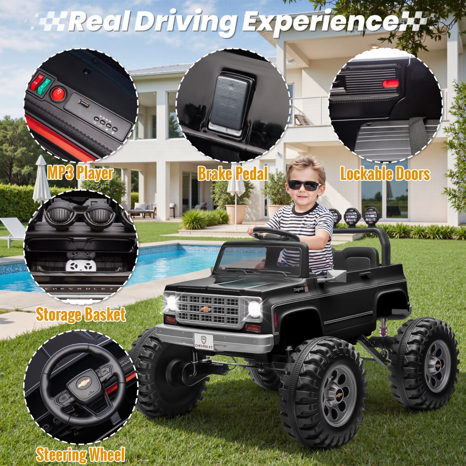 Kids Electric Ride On Truck Chevrolet Cheyenne 24V Remote Bluetooth LED Black