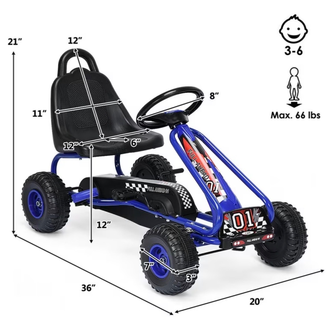 Pedal Go Kart, 4-Wheel Pedal Powered Ride On with Adjustable Seat, Handbrake