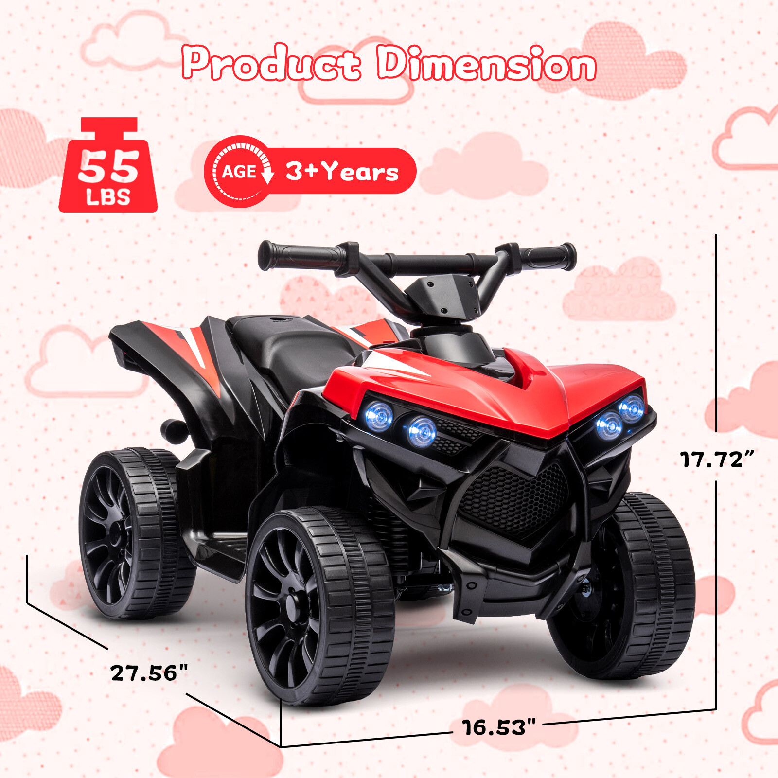 Kids Ride on Toy Car, 6V Battery Powered Quad Electric Vehicle with LED Lights