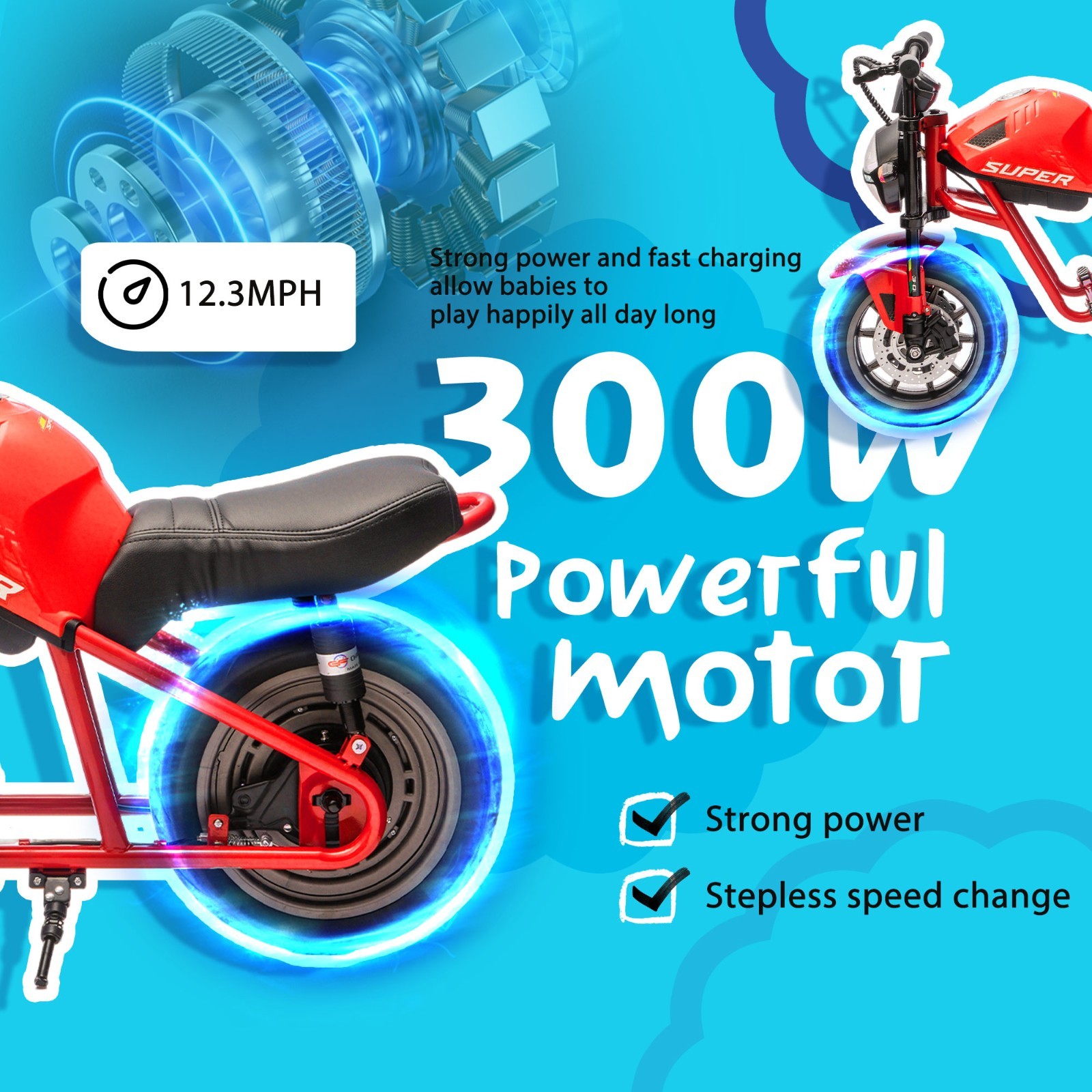 24V Kids Electric Motorcycle w/14in EVA Wheels, 300W Motor for Kids 6+,Red