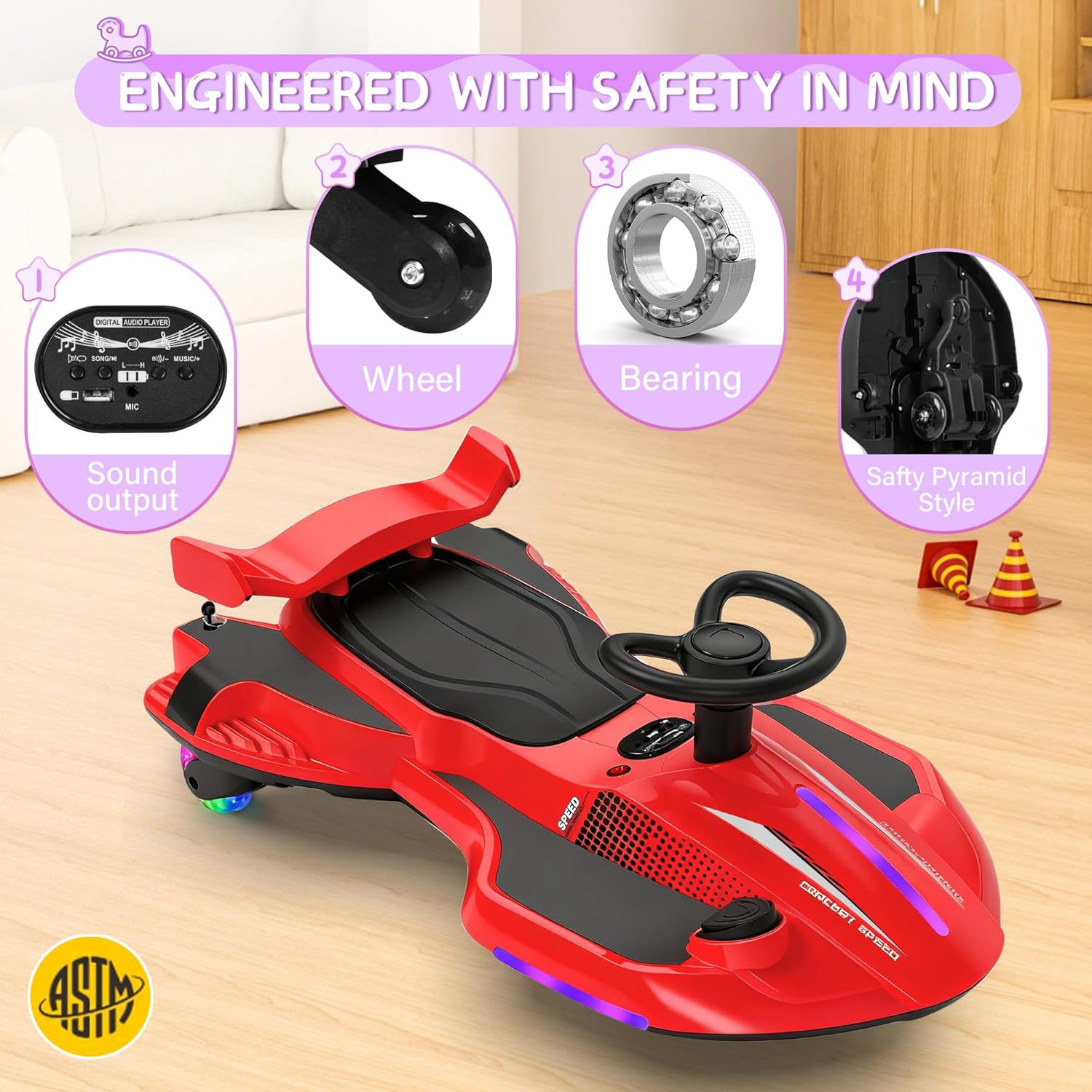 12V Electric Wiggle Car with Pedal for Kids, Rechargeable 2 in 1 Swing Toy, Devi