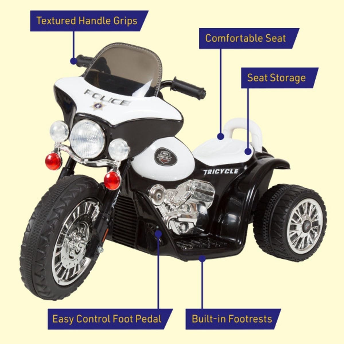 Durable Kids Ride-On Motorcycle with Headlights & Police Decals for Ages 3-6