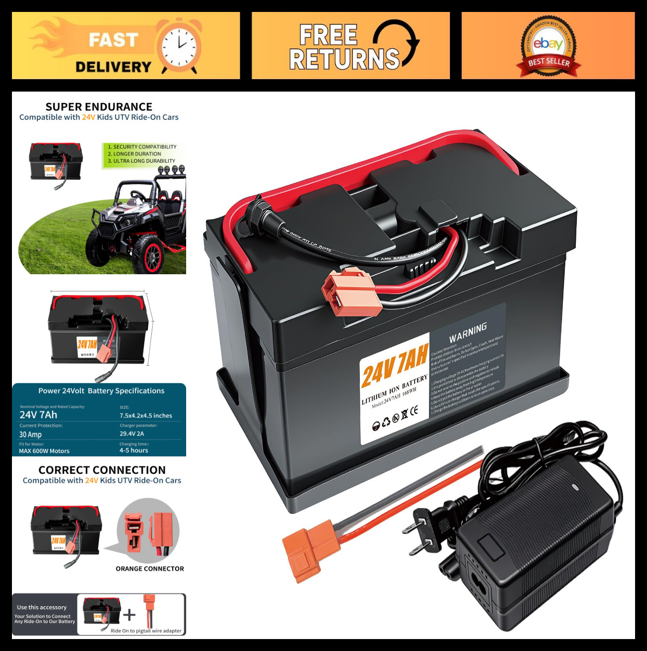 24V 7Ah Ride-On Car Battery, Lightweight & Long-Lasting with 2A Charger, 4×4 UTV