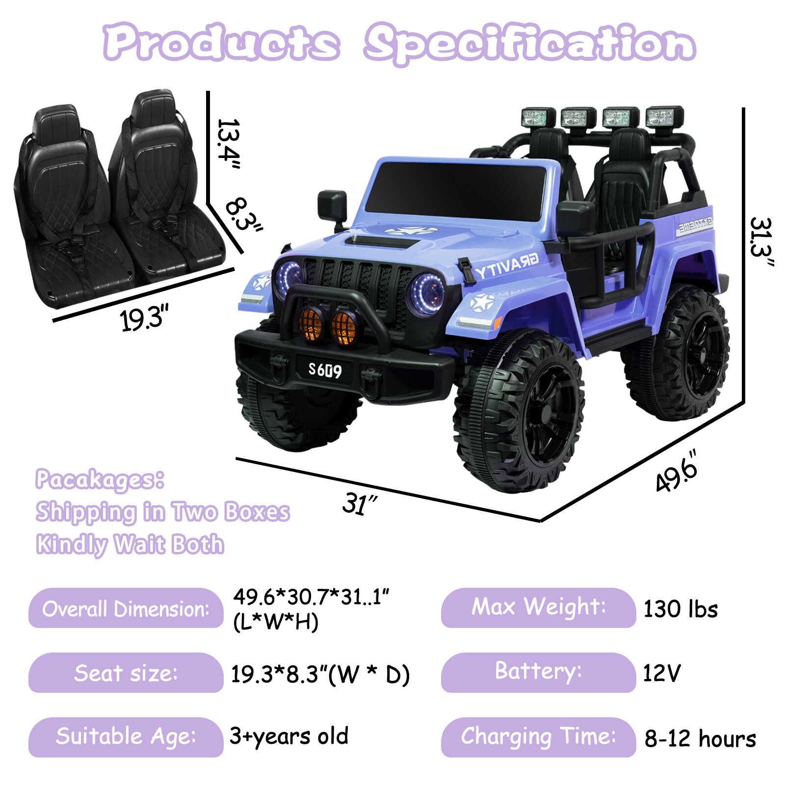 ZEOPHOL Ride On Truck Jeep 12V Electric Kids Toys Car 2 Seat 3 Speed Remote Blue
