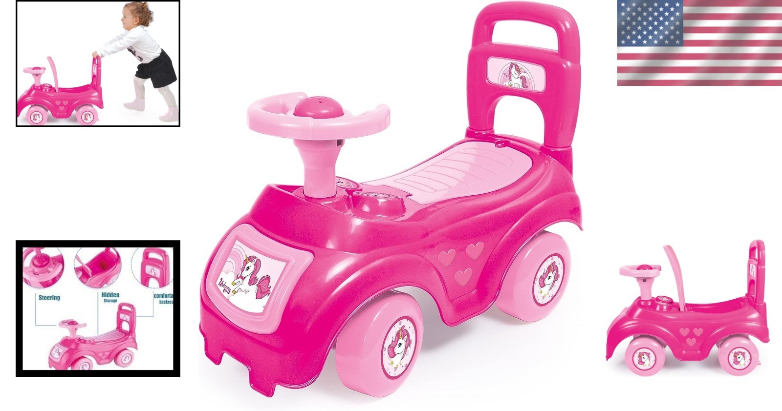 Delightful Pink Unicorn Ride-On Vehicle: Foot-to-Floor Fun for Kids