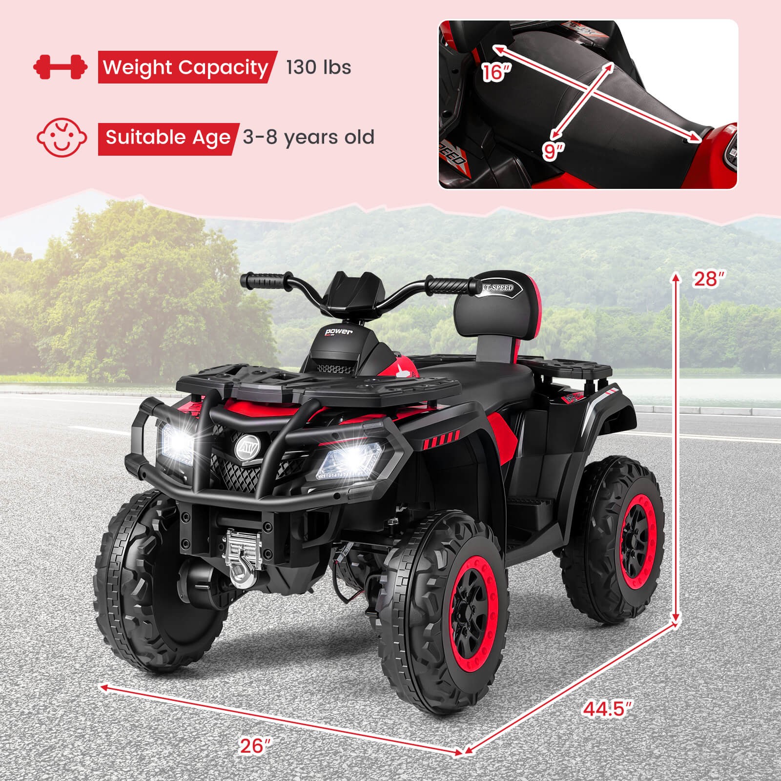 24V 2-Seater 4-Wheeler Quad Electric Vehicle w/ 4 Motors, Soft Start LED Lights