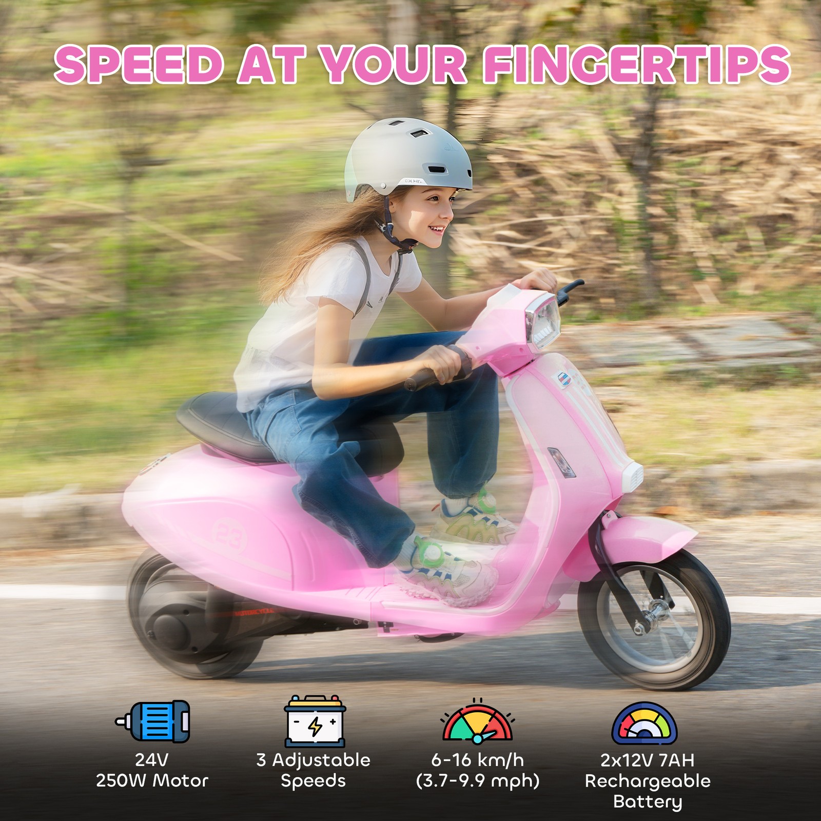 24V Kids Electric Motorcycle with 3-Speed Rear Suspension, Lights for 8-12 Years