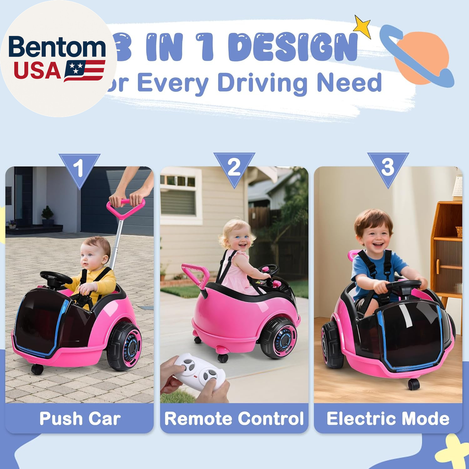 3-In-1 Electric Push Ride on Car, 12V Kids Ride on Toy W/Remote Control, 360° Sp