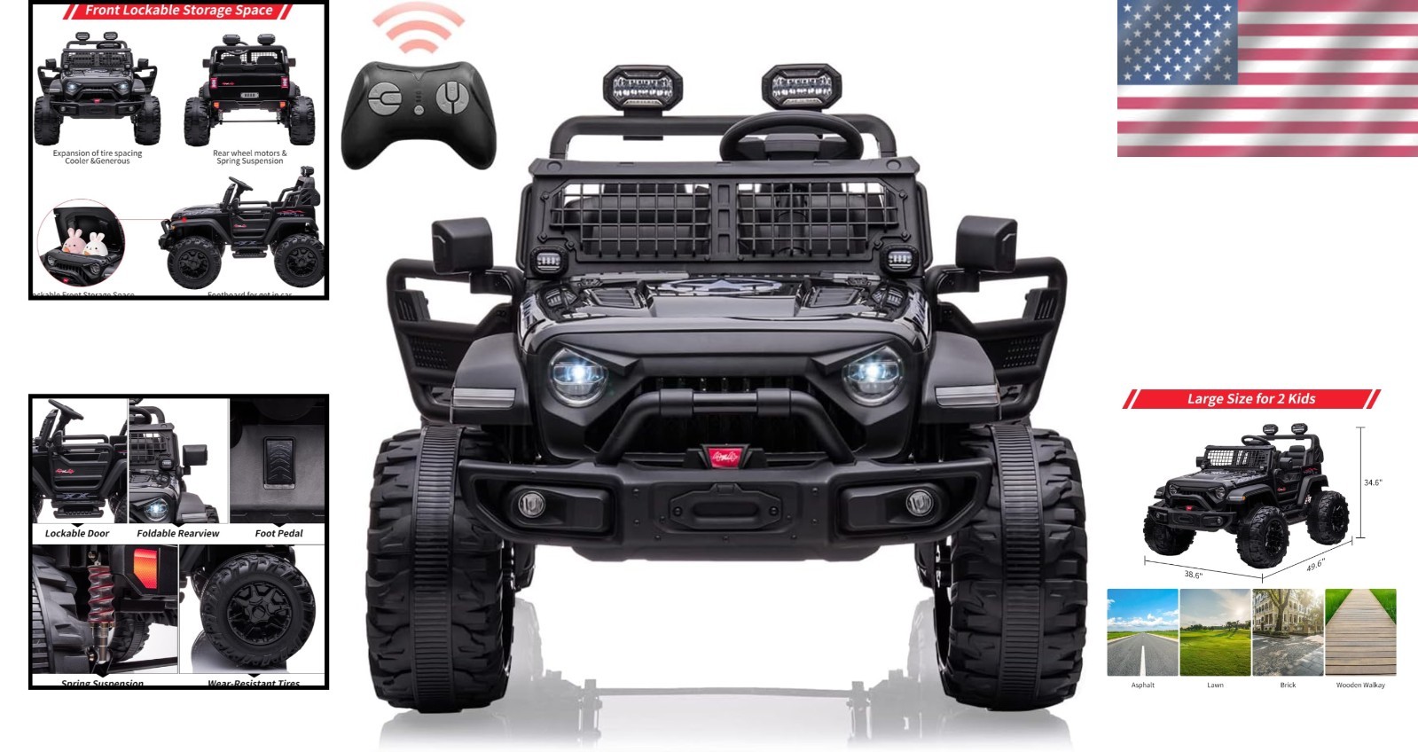 2-Seater Kids Electric Car, Remote Control, 20″ Seats, FM Radio – Black