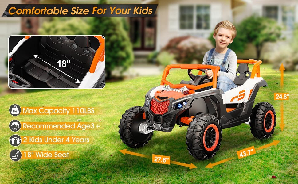 24V children’s ride with remote control, 2-seater toy UTV, Bluetooth, LED lights