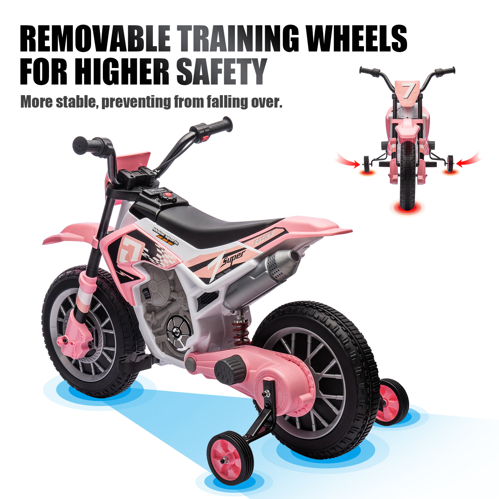 12V Kids Ride On Motorbike Motorcycle Dirt Bike with Music,Training Wheels Pink