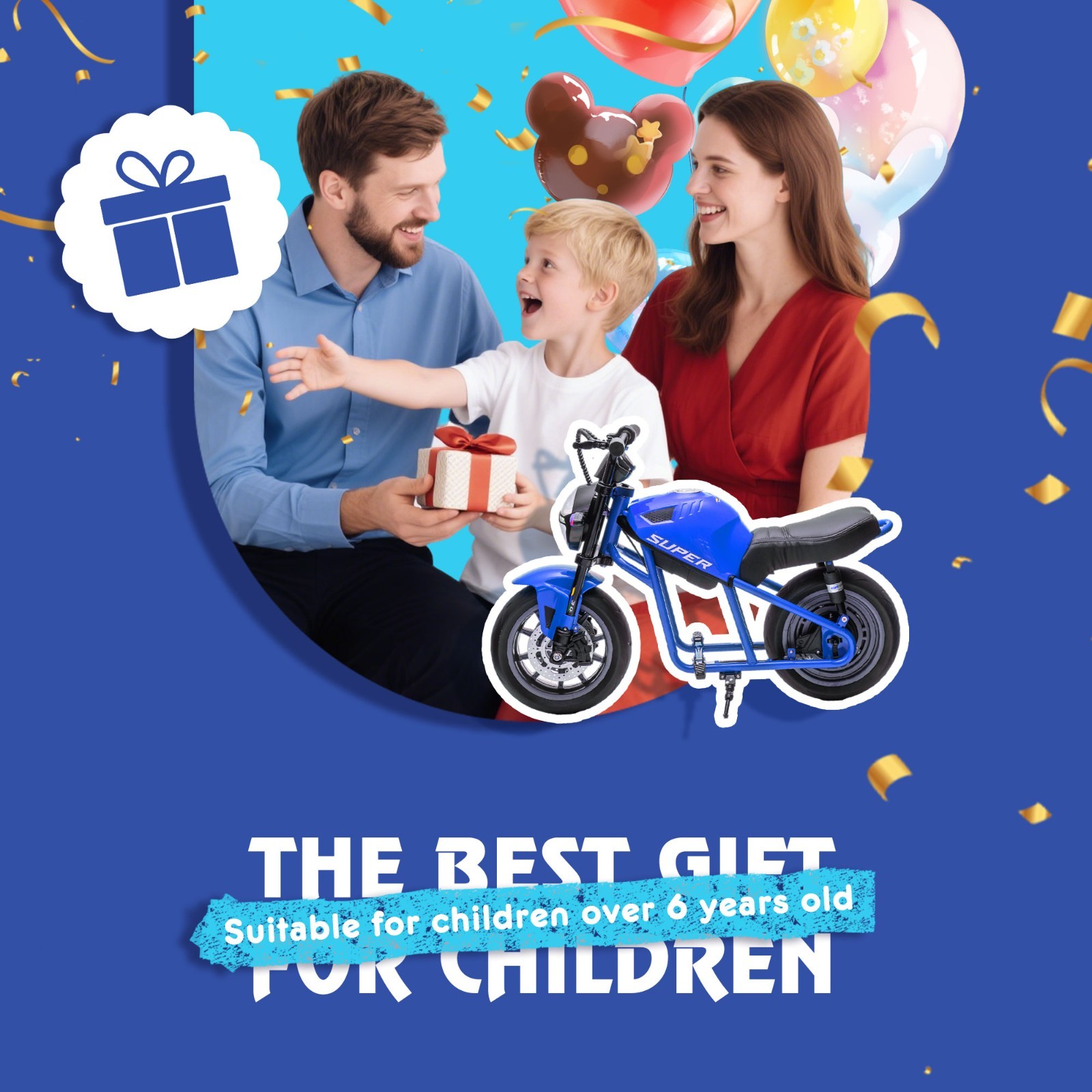 24V Kids Electric Motorcycle w/14in EVA Wheels, 300W Motor for Kids 6+,Blue