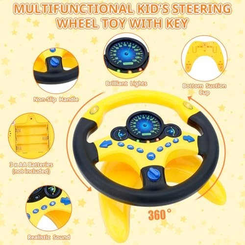 Kids Backseat Steering Wheel Toy with Lights & Music – Pretend Driving Gift (Yel