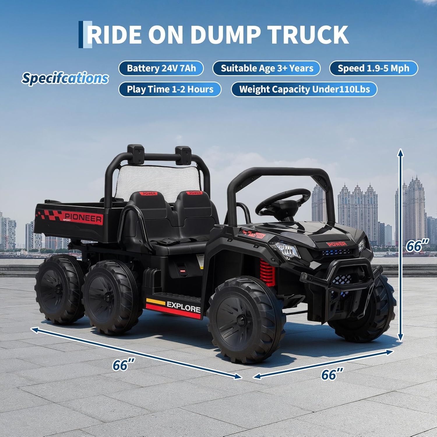 24V 4WD Kids Ride-on Dump Truck Remote Control 2-Seater with Dump Bed 3 Speed