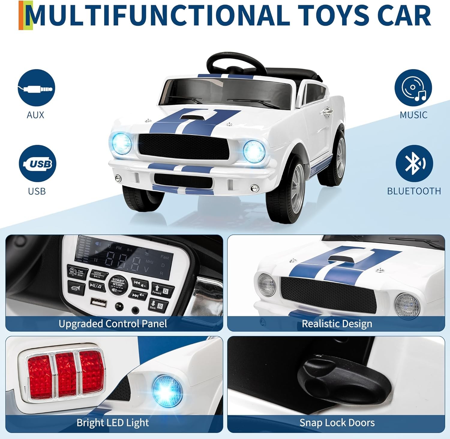 12V Electric Ride On Car for Kids, Remote Control, LED, Music, 3 Speeds, Safety