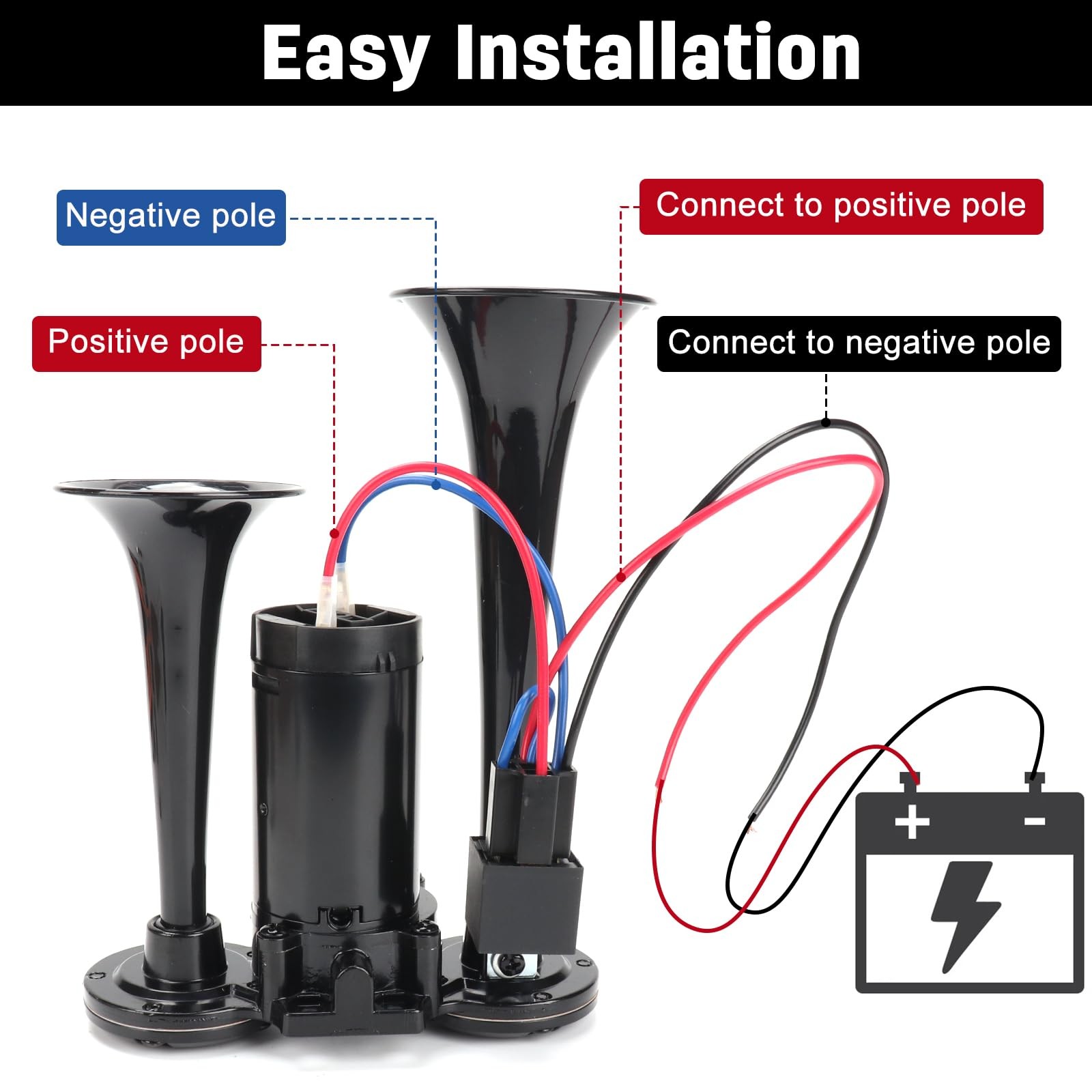 Black Air Horn For Truck Car 150DB Super Loud Dual Electric Train Compressor