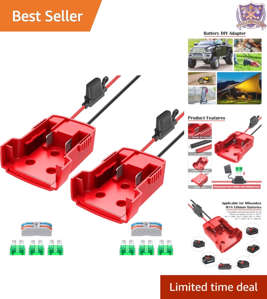 18V Milwaukee M18 Power Wheel Adapter Set – 2 Adapters with Heavy-Duty Fuses