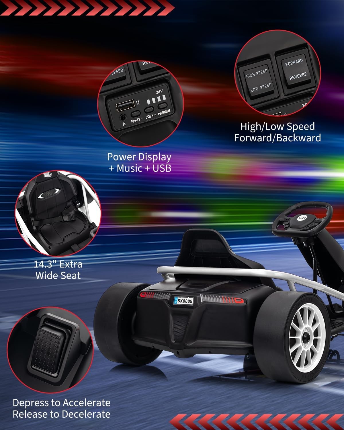 24V Ride On Go Kart for Kids 24V 9Ah Battery 2x300W Motors Electric Ride on Toys