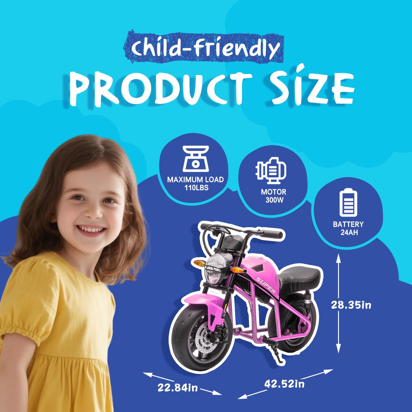 24V Kids Electric Motorcycle w/14in EVA Wheels, 300W Motor for Kids 6+,Pink