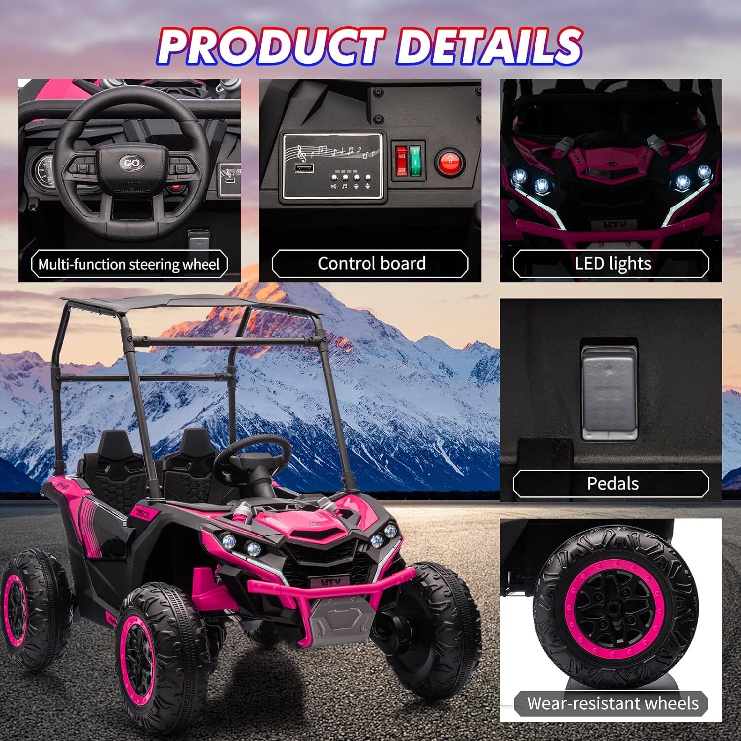 24V Ride On Utv, 2 Seater Electric Truck With Sun Shade, 4WD Electric Car Toy