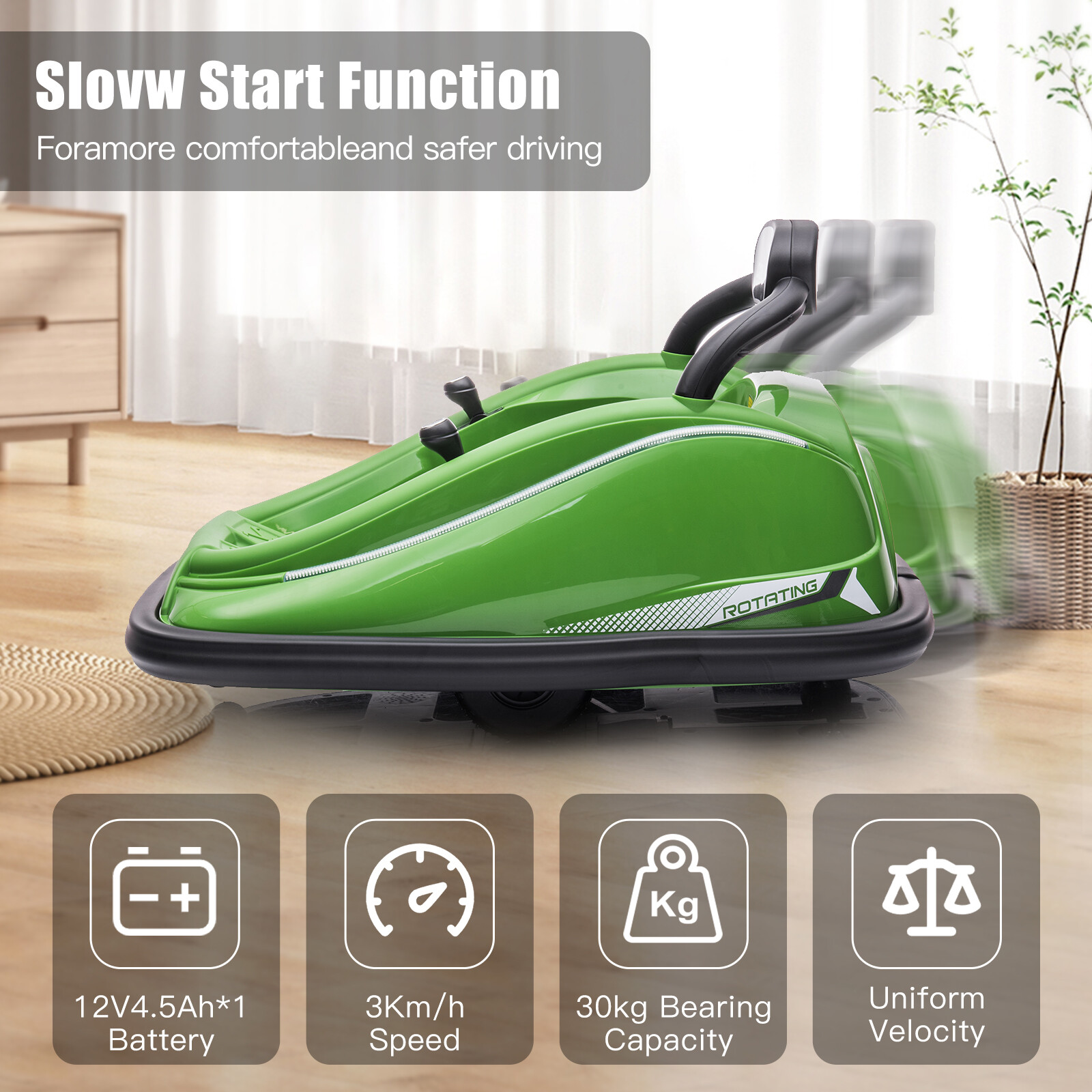 12V Kids Bumper Car Twins Motor w/Parent Remote Control LED Light 360° Rotation