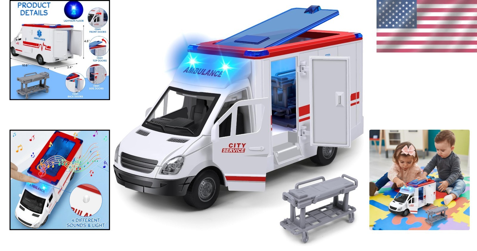 Friction-Powered Ambulance Toy with 4 Flashing Lights & Sounds – Safe for Kids