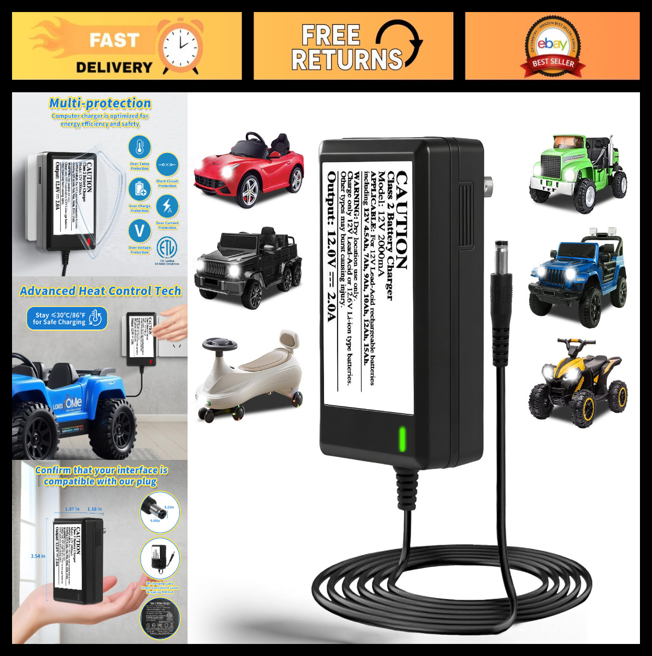 12V Battery Charger for Kids Ride-On Toys, Universal Power Supply, 6ft Cord, ETL