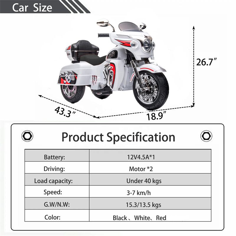 12V Kid Motorcycle Ride On Toy Key Start 3-Wheel 2-Seat Motorbike for 3-6 White