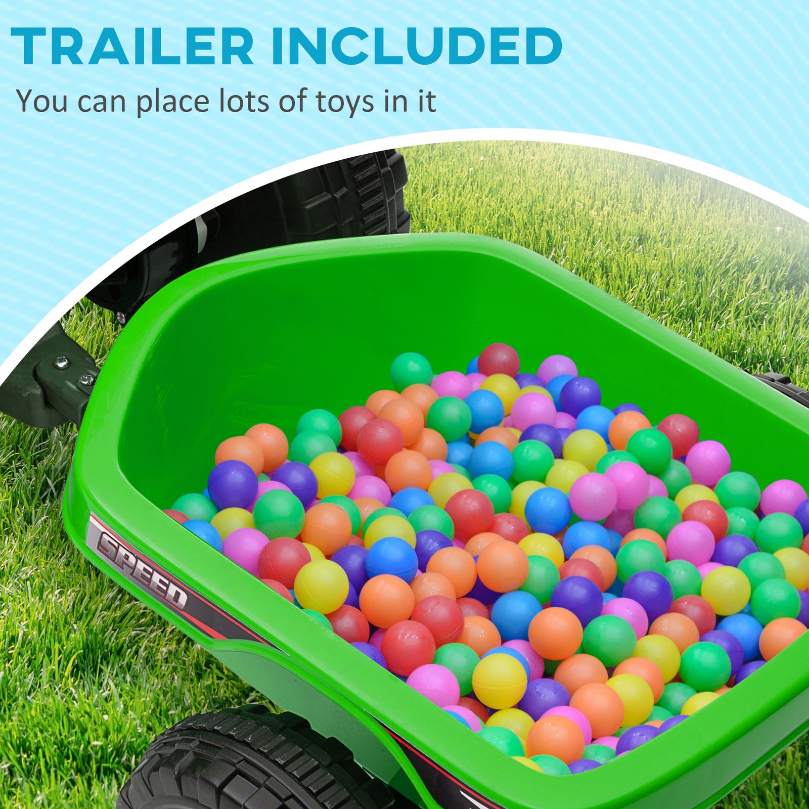 6V Kids ATV Quad Car with Back Trailer, Forward Backward Green