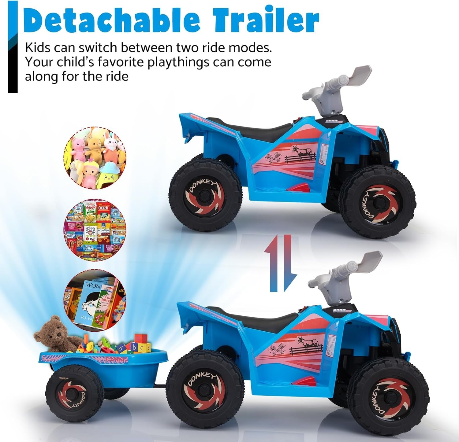 TOBBI 6V Kids Electric Ride on Car Toddler Quad Bike ATV w/Trailer for Kids 3-6