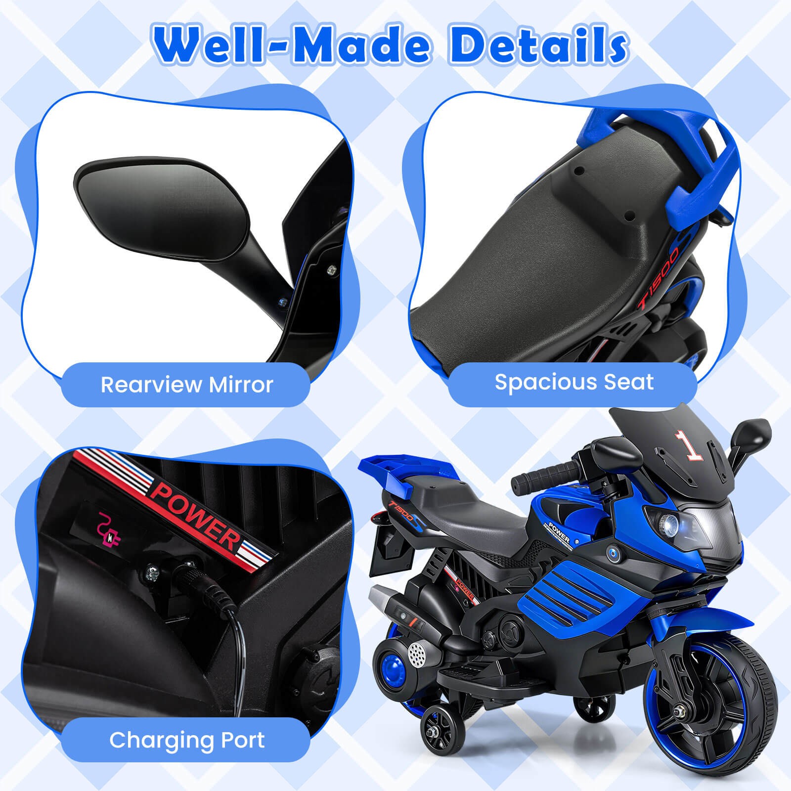 6V Kids Motorcycle w/Music, Horn, Detachable Training Wheels & LED Headlights