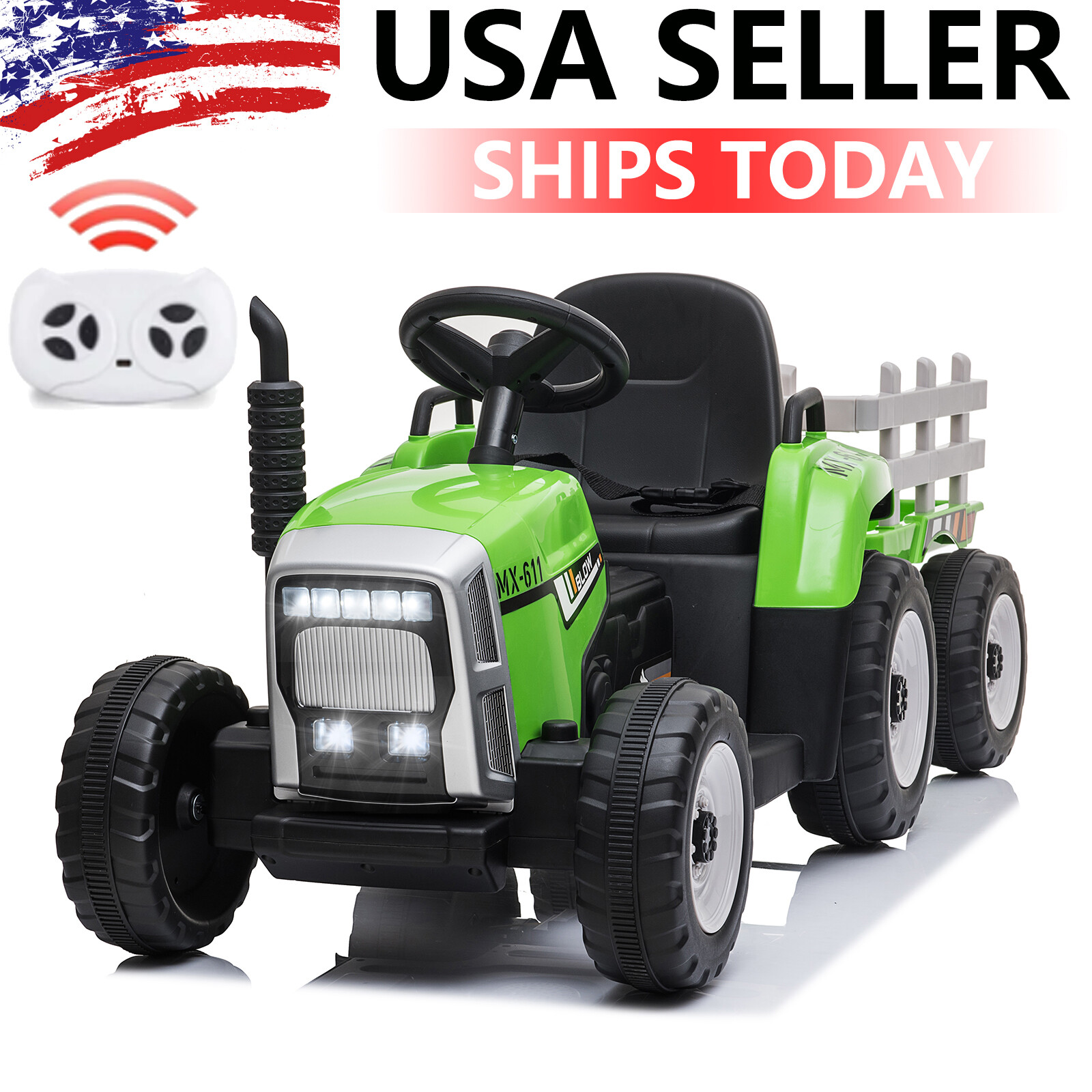 12V Kids Electric Battery-Powered Ride On Tractor Toy w/ Trailer Remote Control