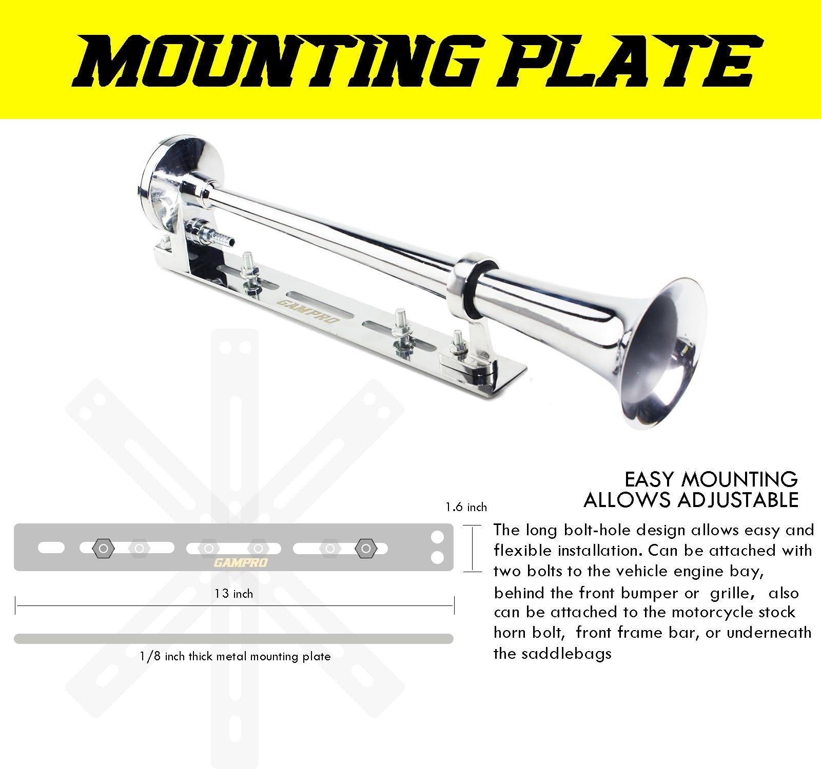 GAMPRO 12V 150DB Air Horn with Install Mounting Bracket Kit, 18 Inches Chrome…