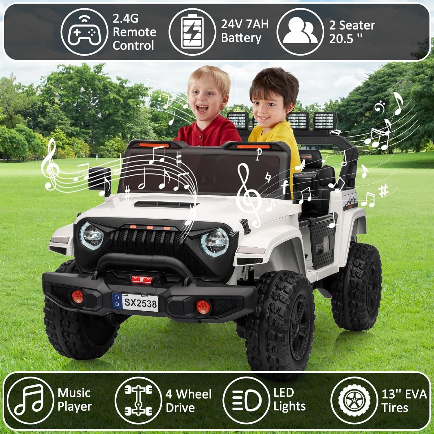24V 4WD Kids Ride-On Car, Extendable Body & 3 Speeds for Big Kids Ages 3+, White
