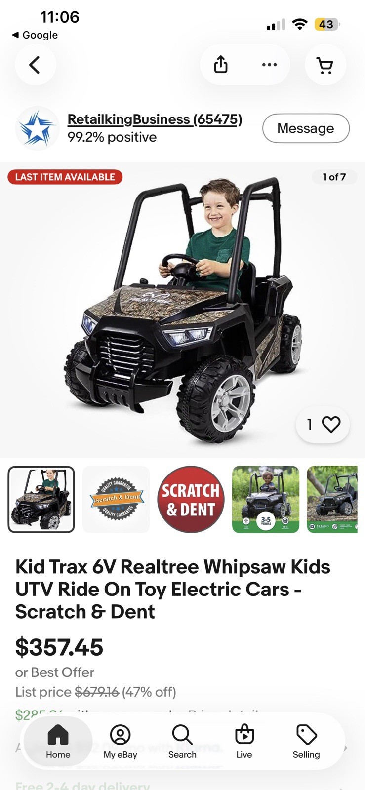 Realtree Whipsaw UTV 6V Battery-Powered Ride-On Toy w/ Working LED Headlights